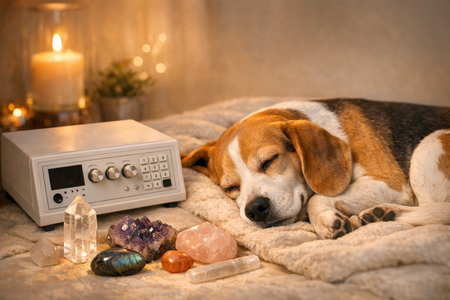 Peaceful beagle sleeping comfortably next to radionics device